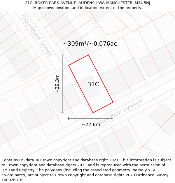 31C, ROKER PARK AVENUE, AUDENSHAW, MANCHESTER, M34 5NJ: Plot and title map