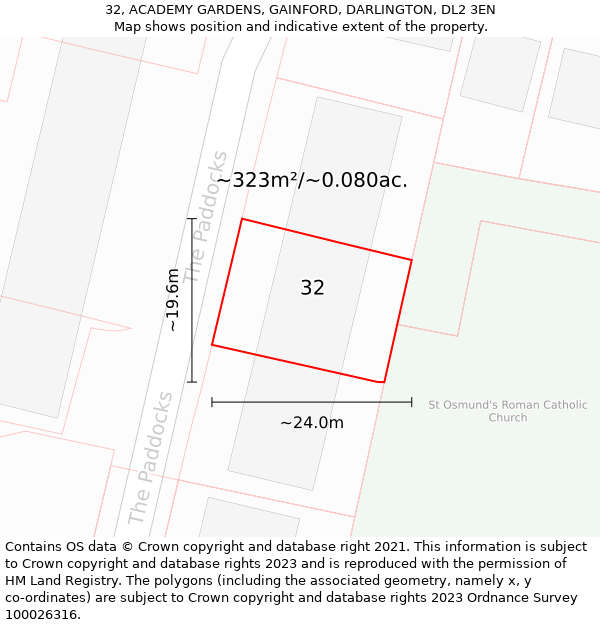 32, ACADEMY GARDENS, GAINFORD, DARLINGTON, DL2 3EN: Plot and title map