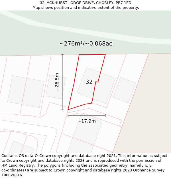 32, ACKHURST LODGE DRIVE, CHORLEY, PR7 1ED: Plot and title map