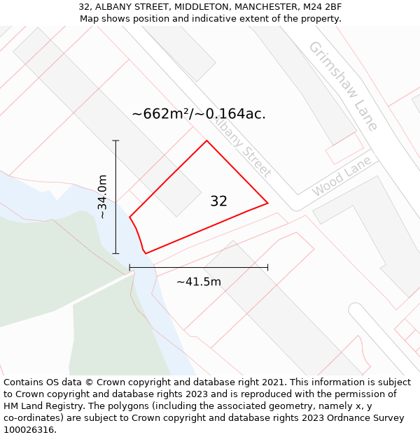 32, ALBANY STREET, MIDDLETON, MANCHESTER, M24 2BF: Plot and title map