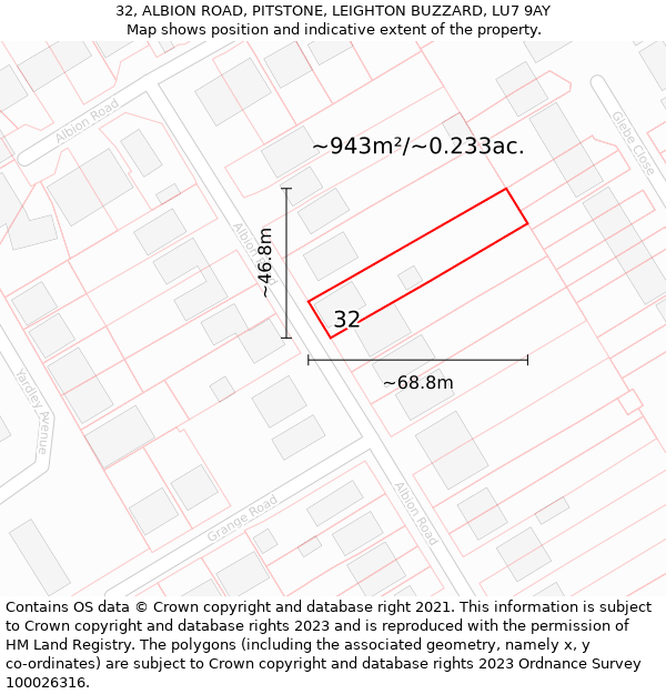 32, ALBION ROAD, PITSTONE, LEIGHTON BUZZARD, LU7 9AY: Plot and title map