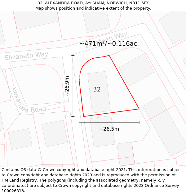 32, ALEXANDRA ROAD, AYLSHAM, NORWICH, NR11 6FX: Plot and title map