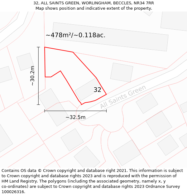 32, ALL SAINTS GREEN, WORLINGHAM, BECCLES, NR34 7RR: Plot and title map