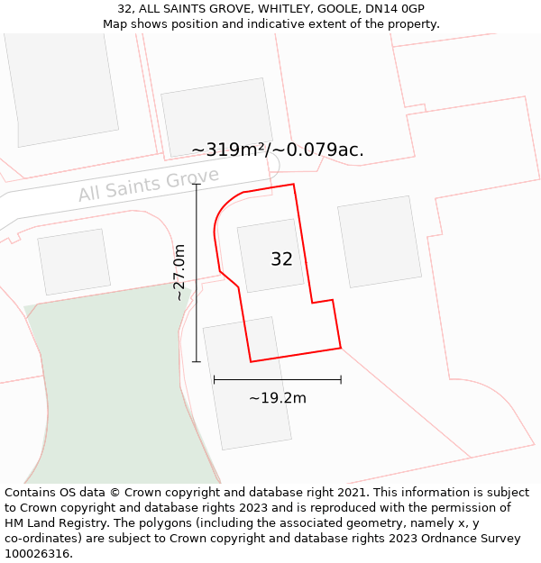 32, ALL SAINTS GROVE, WHITLEY, GOOLE, DN14 0GP: Plot and title map