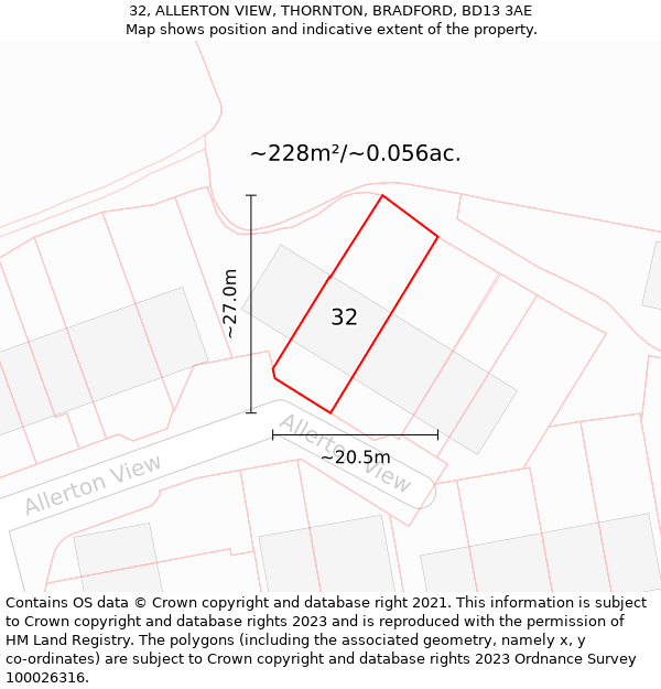 32, ALLERTON VIEW, THORNTON, BRADFORD, BD13 3AE: Plot and title map