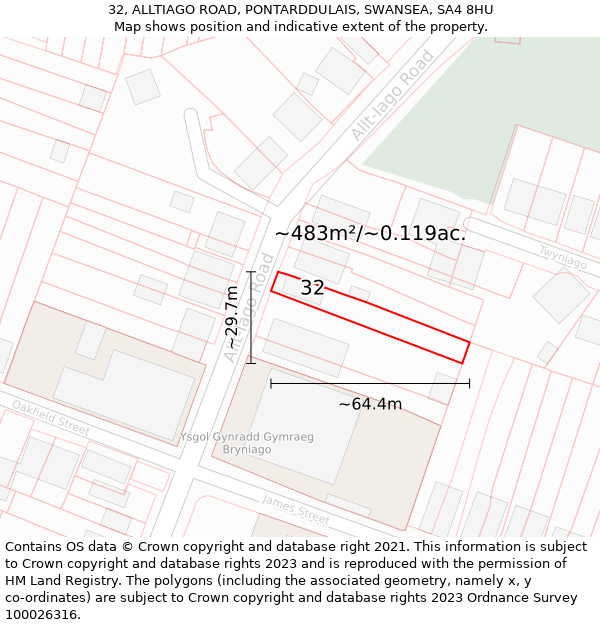 32, ALLTIAGO ROAD, PONTARDDULAIS, SWANSEA, SA4 8HU: Plot and title map