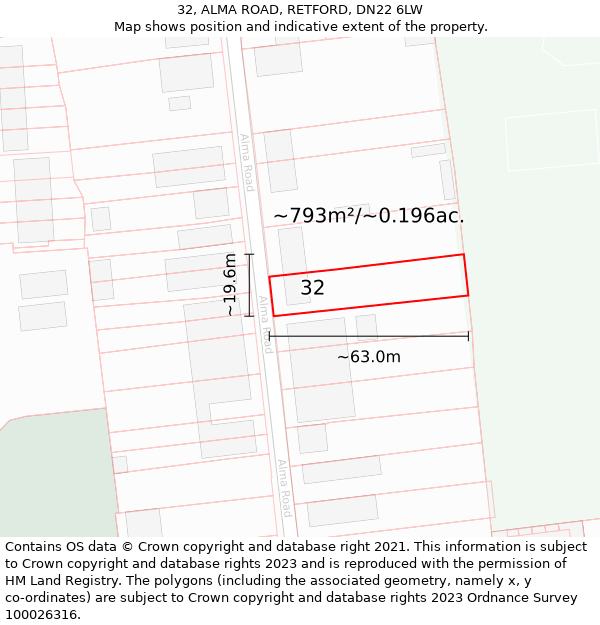 32, ALMA ROAD, RETFORD, DN22 6LW: Plot and title map