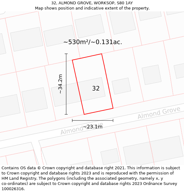 32, ALMOND GROVE, WORKSOP, S80 1AY: Plot and title map