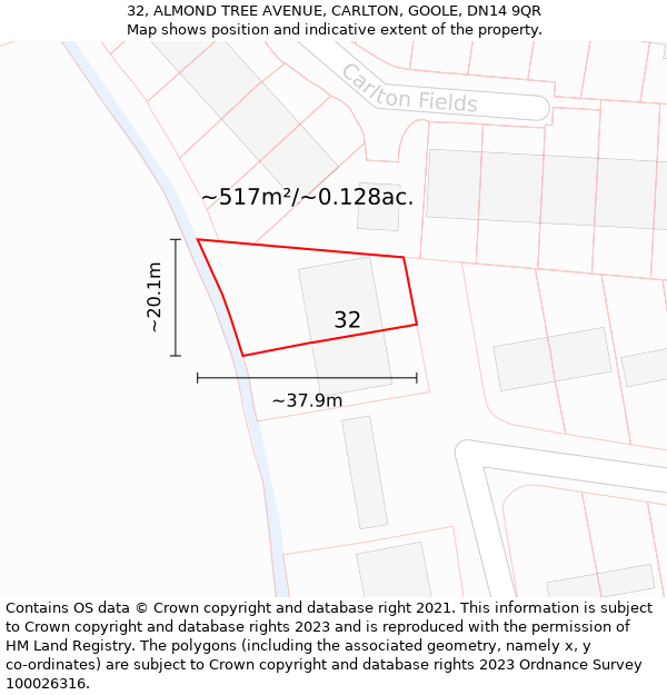 32, ALMOND TREE AVENUE, CARLTON, GOOLE, DN14 9QR: Plot and title map