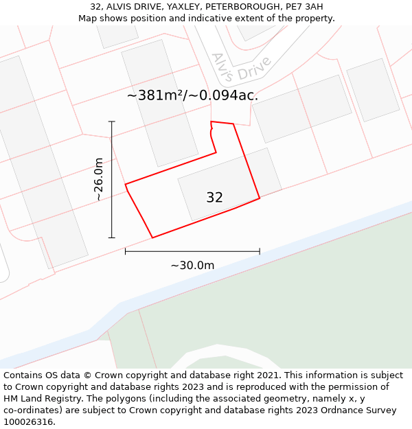 32, ALVIS DRIVE, YAXLEY, PETERBOROUGH, PE7 3AH: Plot and title map