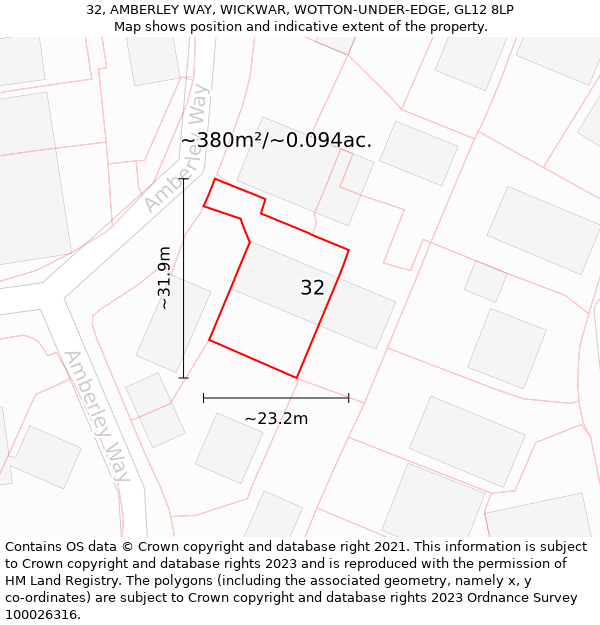32, AMBERLEY WAY, WICKWAR, WOTTON-UNDER-EDGE, GL12 8LP: Plot and title map