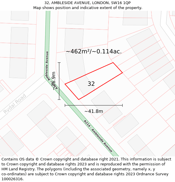 32, AMBLESIDE AVENUE, LONDON, SW16 1QP: Plot and title map