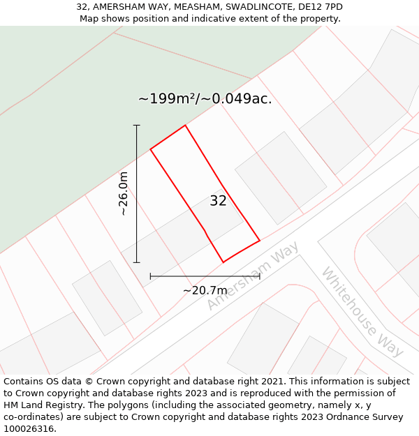 32, AMERSHAM WAY, MEASHAM, SWADLINCOTE, DE12 7PD: Plot and title map