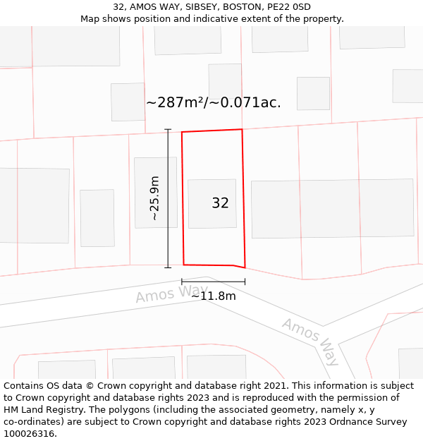 32, AMOS WAY, SIBSEY, BOSTON, PE22 0SD: Plot and title map