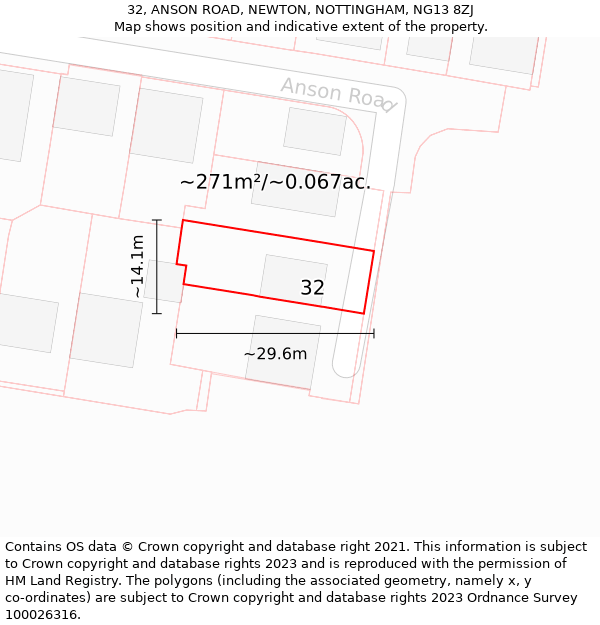 32, ANSON ROAD, NEWTON, NOTTINGHAM, NG13 8ZJ: Plot and title map