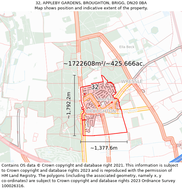 32, APPLEBY GARDENS, BROUGHTON, BRIGG, DN20 0BA: Plot and title map