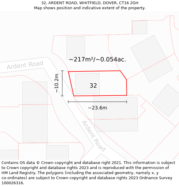 32, ARDENT ROAD, WHITFIELD, DOVER, CT16 2GH: Plot and title map