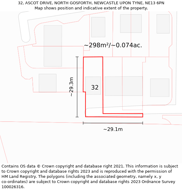 32, ASCOT DRIVE, NORTH GOSFORTH, NEWCASTLE UPON TYNE, NE13 6PN: Plot and title map