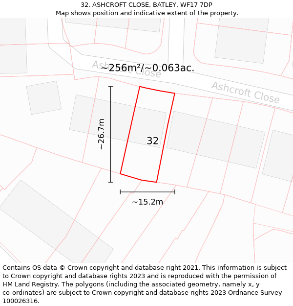32, ASHCROFT CLOSE, BATLEY, WF17 7DP: Plot and title map
