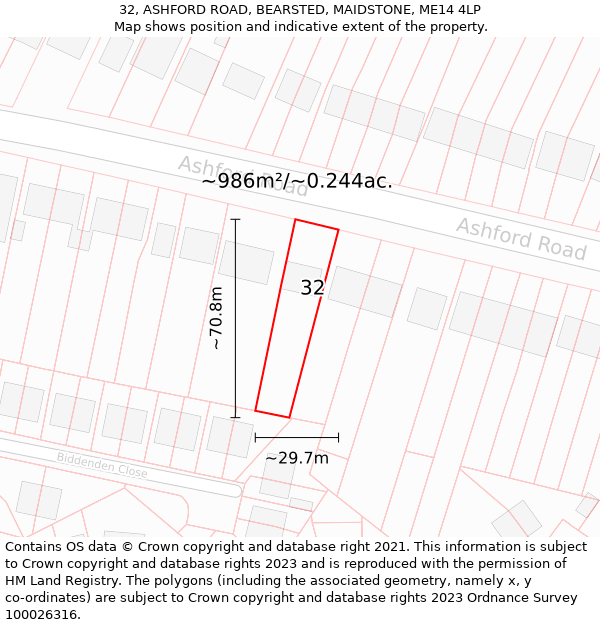 32, ASHFORD ROAD, BEARSTED, MAIDSTONE, ME14 4LP: Plot and title map