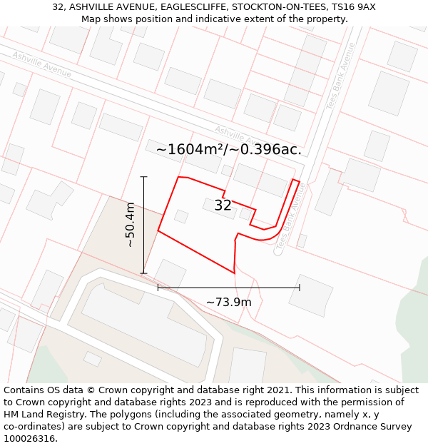 32, ASHVILLE AVENUE, EAGLESCLIFFE, STOCKTON-ON-TEES, TS16 9AX: Plot and title map