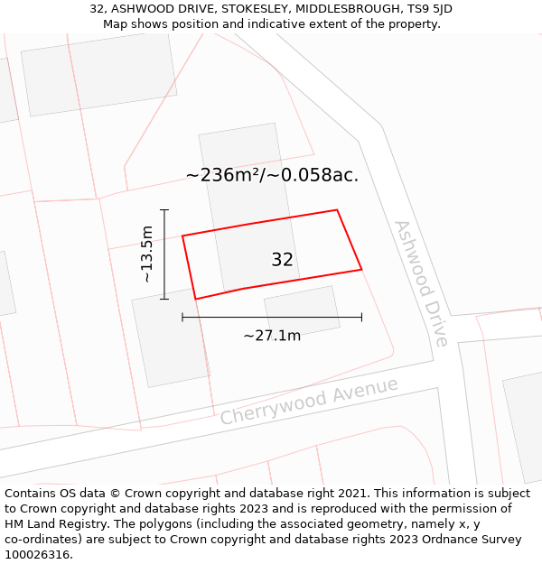 32, ASHWOOD DRIVE, STOKESLEY, MIDDLESBROUGH, TS9 5JD: Plot and title map