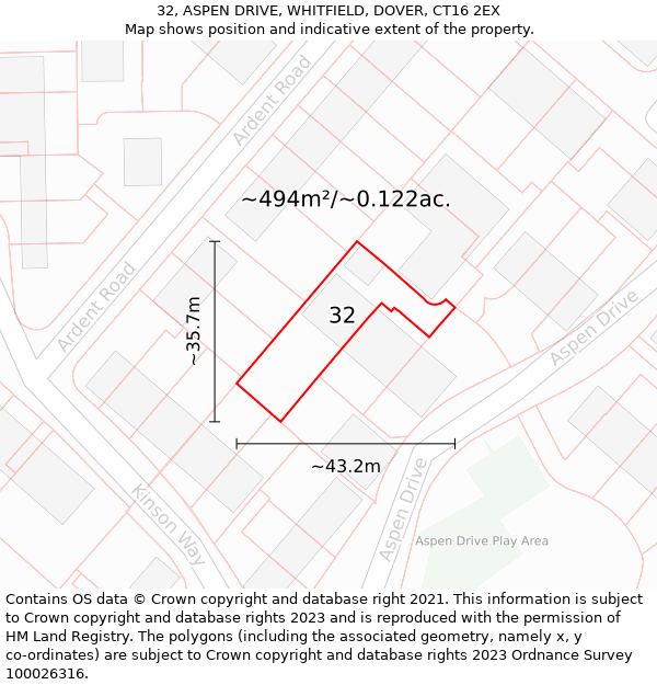 32, ASPEN DRIVE, WHITFIELD, DOVER, CT16 2EX: Plot and title map