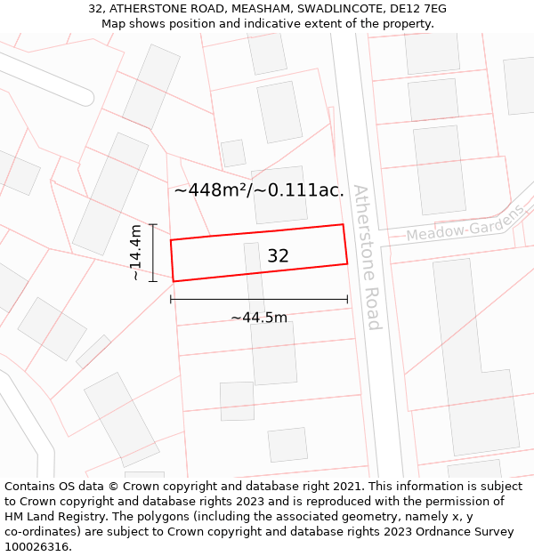 32, ATHERSTONE ROAD, MEASHAM, SWADLINCOTE, DE12 7EG: Plot and title map