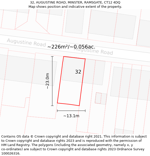 32, AUGUSTINE ROAD, MINSTER, RAMSGATE, CT12 4DQ: Plot and title map