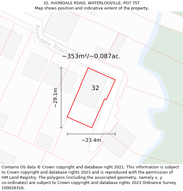 32, AVONDALE ROAD, WATERLOOVILLE, PO7 7ST: Plot and title map