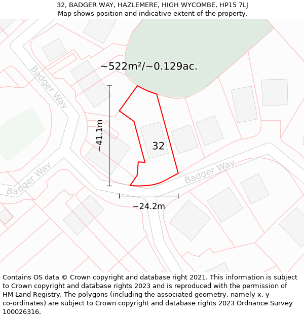 32, BADGER WAY, HAZLEMERE, HIGH WYCOMBE, HP15 7LJ: Plot and title map