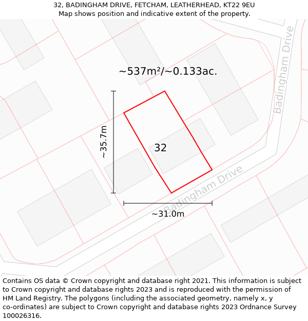 32, BADINGHAM DRIVE, FETCHAM, LEATHERHEAD, KT22 9EU: Plot and title map