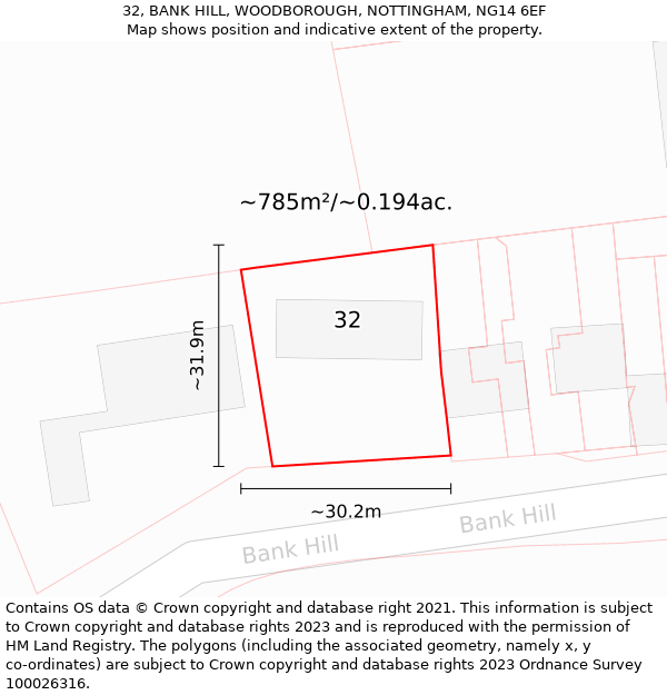 32, BANK HILL, WOODBOROUGH, NOTTINGHAM, NG14 6EF: Plot and title map