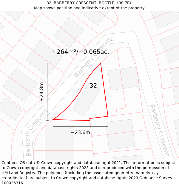 32, BARBERRY CRESCENT, BOOTLE, L30 7RU: Plot and title map