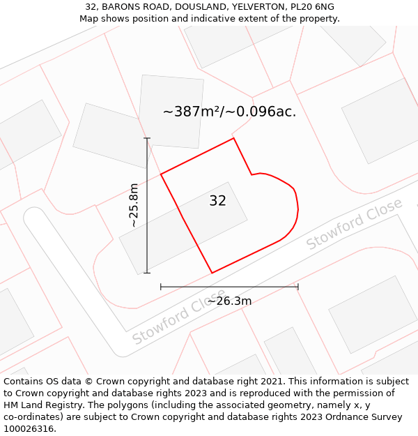 32, BARONS ROAD, DOUSLAND, YELVERTON, PL20 6NG: Plot and title map