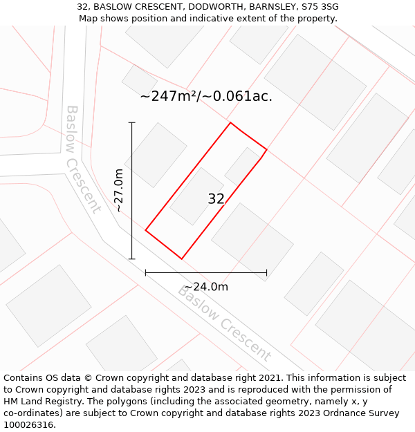 32, BASLOW CRESCENT, DODWORTH, BARNSLEY, S75 3SG: Plot and title map