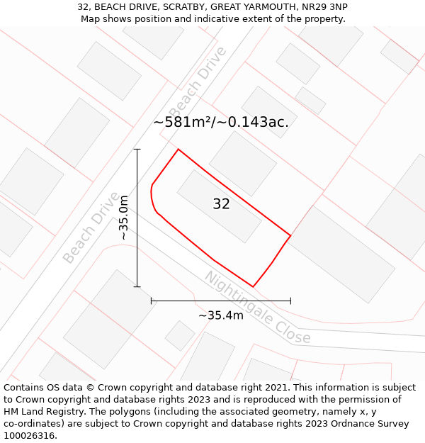 32, BEACH DRIVE, SCRATBY, GREAT YARMOUTH, NR29 3NP: Plot and title map