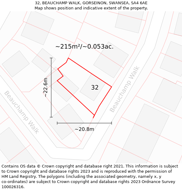 32, BEAUCHAMP WALK, GORSEINON, SWANSEA, SA4 6AE: Plot and title map