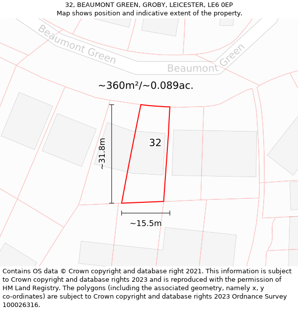 32, BEAUMONT GREEN, GROBY, LEICESTER, LE6 0EP: Plot and title map