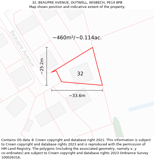 32, BEAUPRE AVENUE, OUTWELL, WISBECH, PE14 8PB: Plot and title map