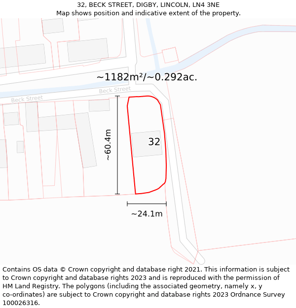 32, BECK STREET, DIGBY, LINCOLN, LN4 3NE: Plot and title map