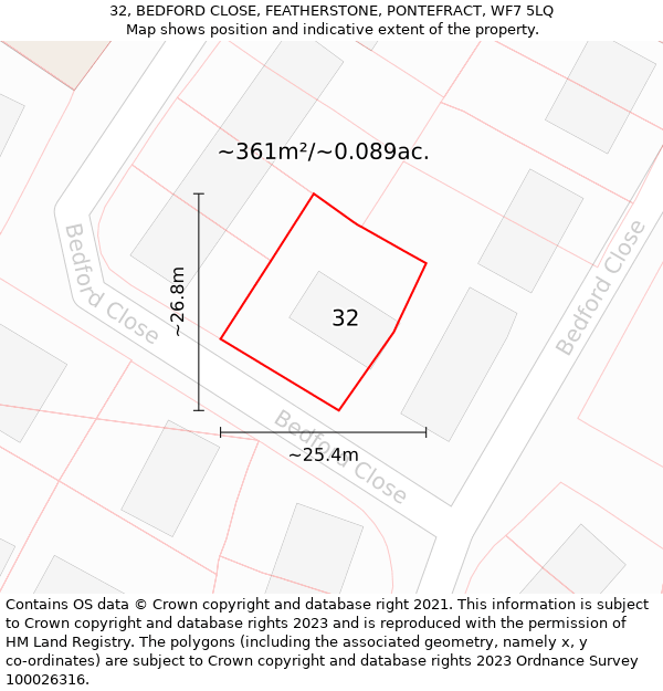 32, BEDFORD CLOSE, FEATHERSTONE, PONTEFRACT, WF7 5LQ: Plot and title map