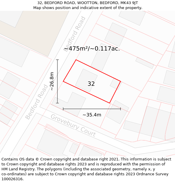 32, BEDFORD ROAD, WOOTTON, BEDFORD, MK43 9JT: Plot and title map