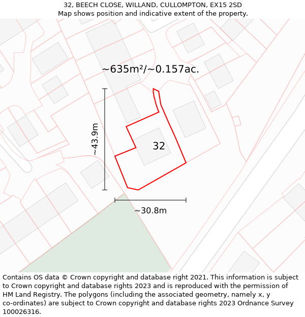 32, BEECH CLOSE, WILLAND, CULLOMPTON, EX15 2SD: Plot and title map