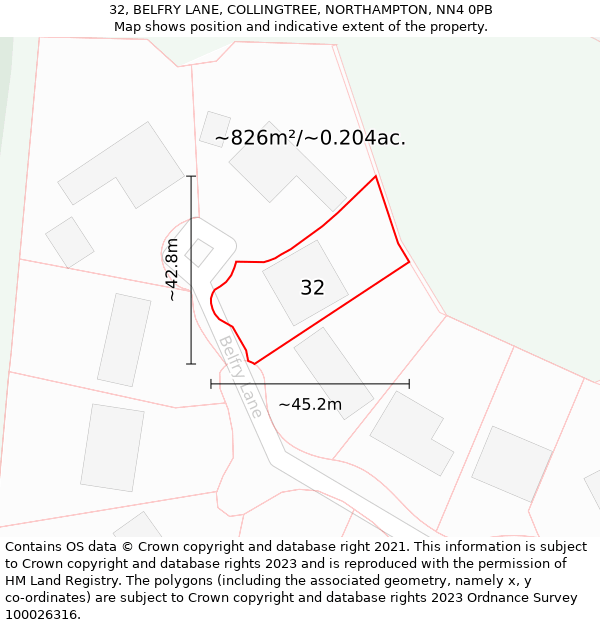 32, BELFRY LANE, COLLINGTREE, NORTHAMPTON, NN4 0PB: Plot and title map