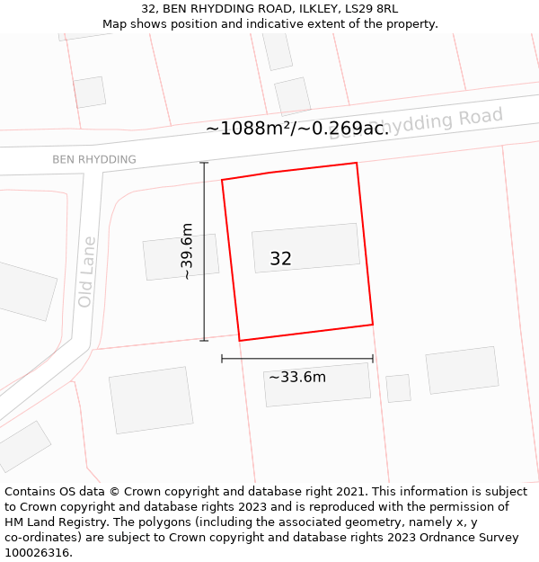 32, BEN RHYDDING ROAD, ILKLEY, LS29 8RL: Plot and title map