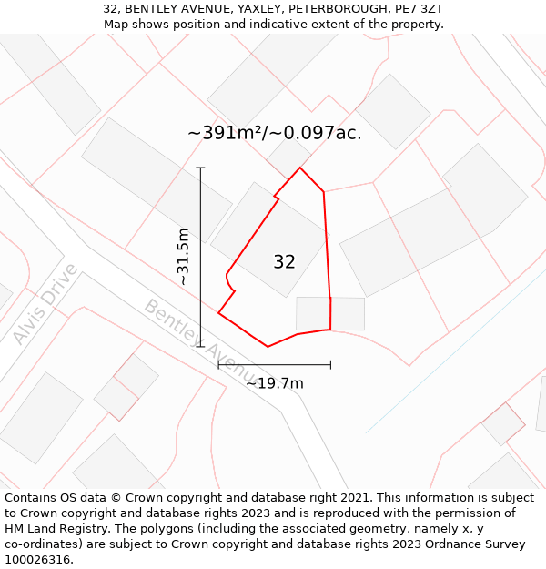 32, BENTLEY AVENUE, YAXLEY, PETERBOROUGH, PE7 3ZT: Plot and title map