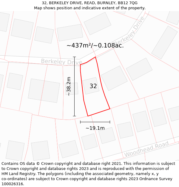 32, BERKELEY DRIVE, READ, BURNLEY, BB12 7QG: Plot and title map