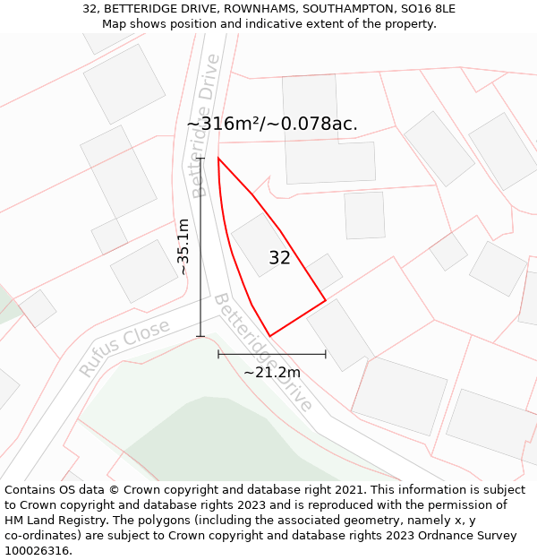 32, BETTERIDGE DRIVE, ROWNHAMS, SOUTHAMPTON, SO16 8LE: Plot and title map