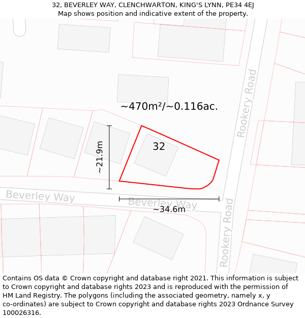 32, BEVERLEY WAY, CLENCHWARTON, KING'S LYNN, PE34 4EJ: Plot and title map